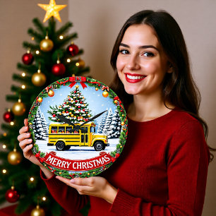 Reloj Redondo Grande Autobús Escolar de Navidad Invernal