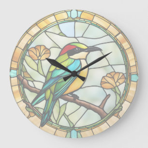 Reloj Redondo Grande Ave Comer Bird Faux Stained Glass Colorful Bird