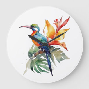 Reloj Redondo Grande Ave del Paraíso, fantástica ave y flor colorida