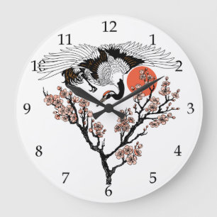 Reloj Redondo Grande Ave grulla japonesa y sakura floreciente