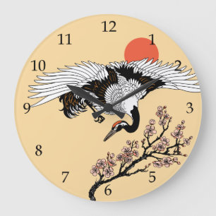 Reloj Redondo Grande Ave grulla japonesa y sakura floreciente