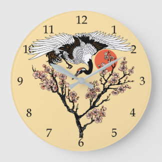 Reloj Redondo Grande Ave grulla japonesa y sakura floreciente
