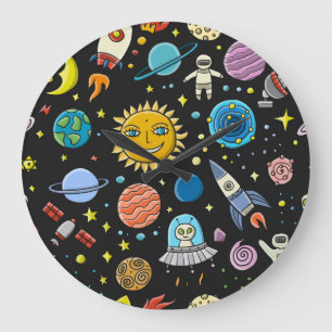 Reloj Redondo Grande Aventura espacial: planetas, patrón de cohetes.