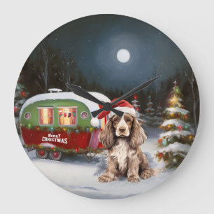 Reloj Redondo Grande Aventura Navideña de Caravana de Cocker Spaniel In