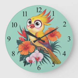 Reloj Redondo Grande Aves amarillas adorables con flores