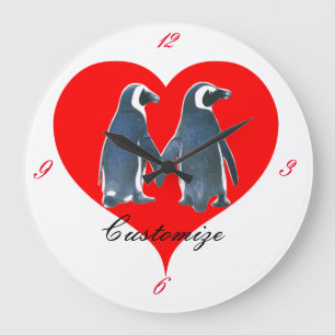 Reloj Redondo Grande Aves amorosas Pingüino Pareja Corazón Rojo Thund