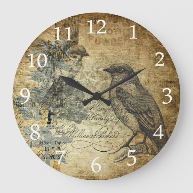 Reloj Redondo Grande Aves antiguas y números blancos (Anverso)