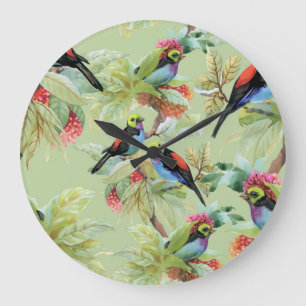 Reloj Redondo Grande Aves con flores de verano: patrón tropical