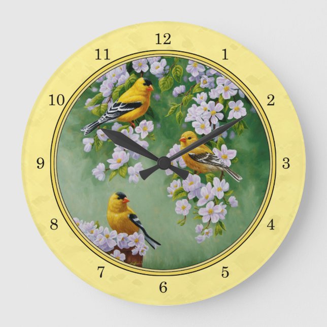 Reloj Redondo Grande Aves de Goldfinch y flores de Apple amarillo (Anverso)