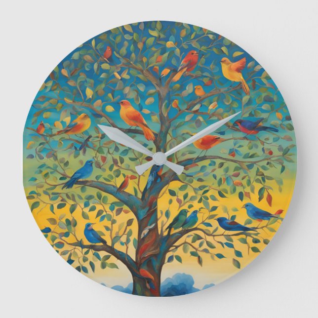 Reloj Redondo Grande Aves en ramas de árboles (Anverso)