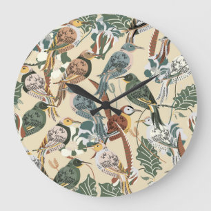 Reloj Redondo Grande Aves Exóticas: Impresión tropical sin foco.