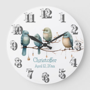 Reloj Redondo Grande Aves extravagantes en las ramas Pastel Baby Shower