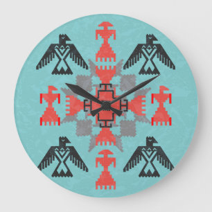 Reloj Redondo Grande Aves Navajo, Vintage de etnia tribal.