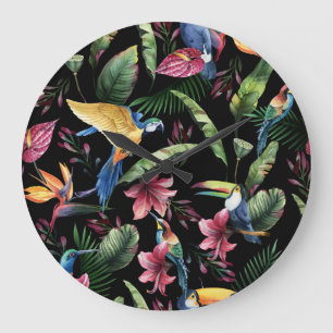 Reloj Redondo Grande Aves tropicales, flores: patrón de acuarela.