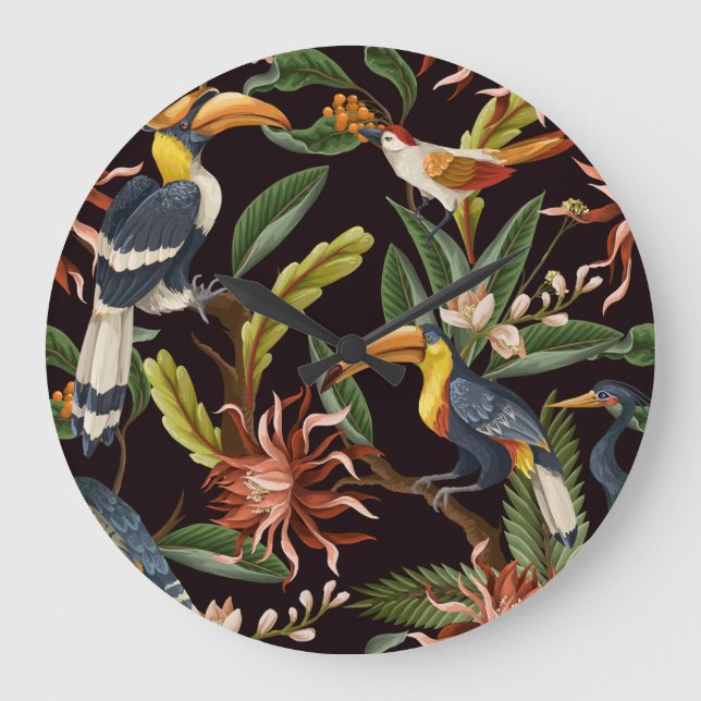 Reloj Redondo Grande Aves tropicales: Hojas y flores de época (Anverso)