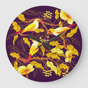 Reloj Redondo Grande Aves tropicales Ilustracion de flores exóticas