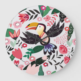 Reloj Redondo Grande Aves tropicales, patrón de doodle floral.