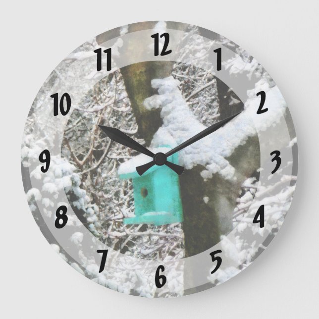Reloj Redondo Grande Aves turquesa en invierno (Anverso)