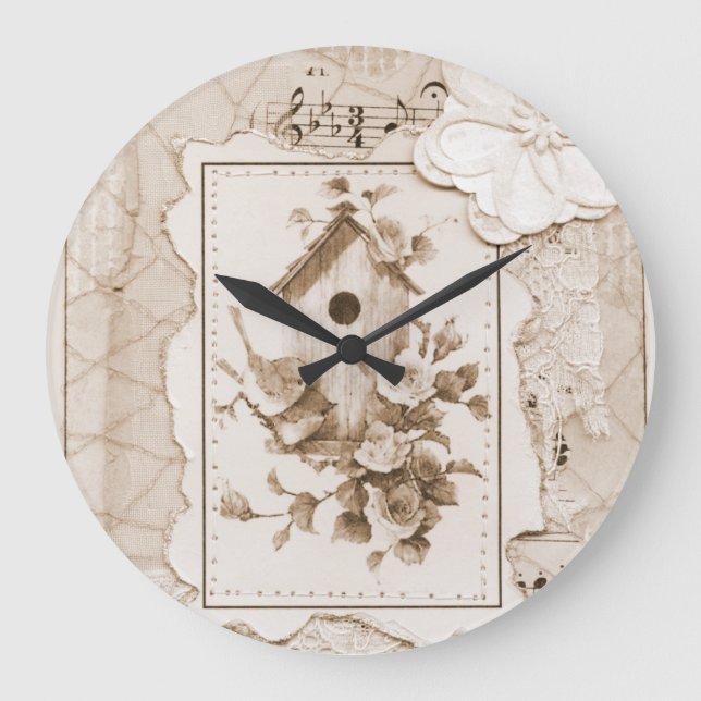 Reloj Redondo Grande Aves Y Casa Shabby Chic (Anverso)