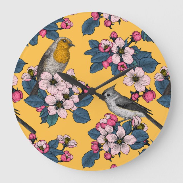 Reloj Redondo Grande Aves y flores en amarillo (Anverso)