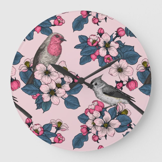 Reloj Redondo Grande Aves y flores en rosa (Anverso)