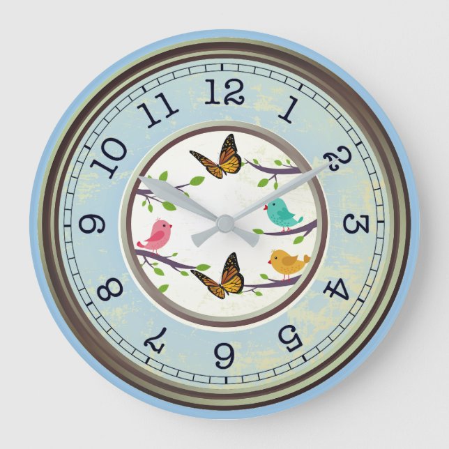Reloj Redondo Grande Aves y mariposas estilo casa de campo azul (Anverso)