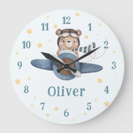 Reloj Redondo Grande Aviación de aventuras Avión Cute Oso Azul