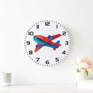 Reloj Redondo Grande Avión a reacción colorido rojo y azul