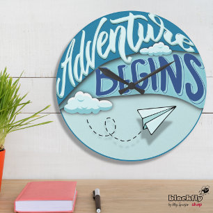 Reloj Redondo Grande Avión de papel   Comienzo de la aventura