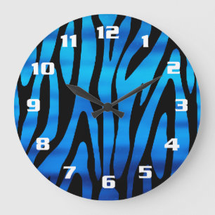 Reloj Redondo Grande Awesome Blue and Black Zebra Stripes Pattern