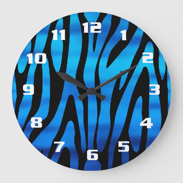 Reloj Redondo Grande Awesome Blue and Black Zebra Stripes Pattern (Anverso)