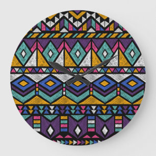 Reloj Redondo Grande Azteca geométrica tribal: patrón de venado colorid