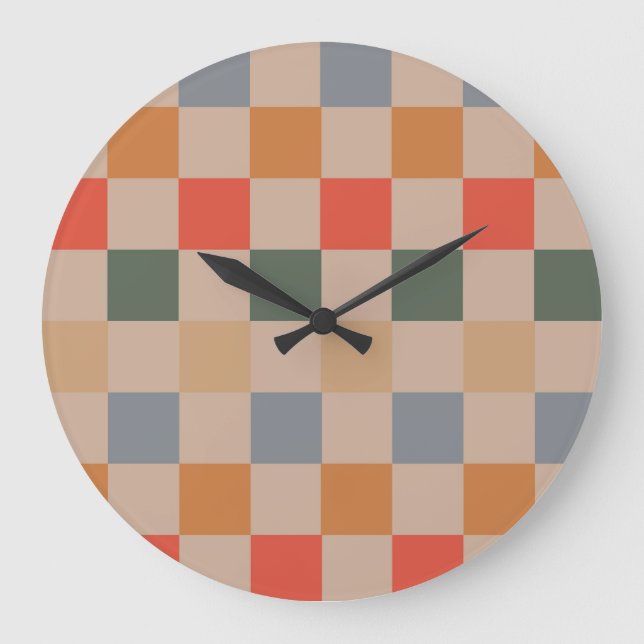 Reloj Redondo Grande Azul Beige Naranja Marrón Cuadros Vichy Estampado (Anverso)
