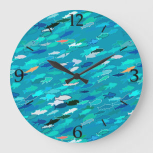 Reloj Redondo Grande Azul, blanco, escuela de la turquesa de pescados
