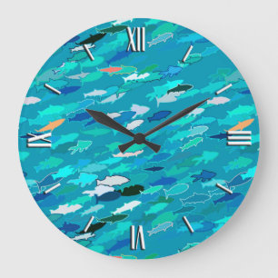 Reloj Redondo Grande Azul, blanco, escuela de la turquesa de pescados