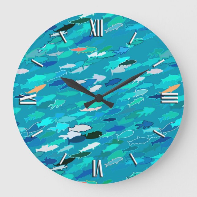 Reloj Redondo Grande Azul, blanco, escuela de la turquesa de pescados (Anverso)