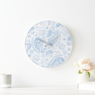 Reloj Redondo Grande Azul Clásico Glitter Paisley Floral Patrón Blanco