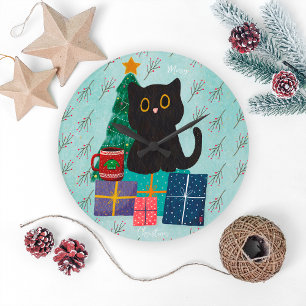 Reloj Redondo Grande Azul Festivo Feliz Navidad Gato Negro Lindo Café