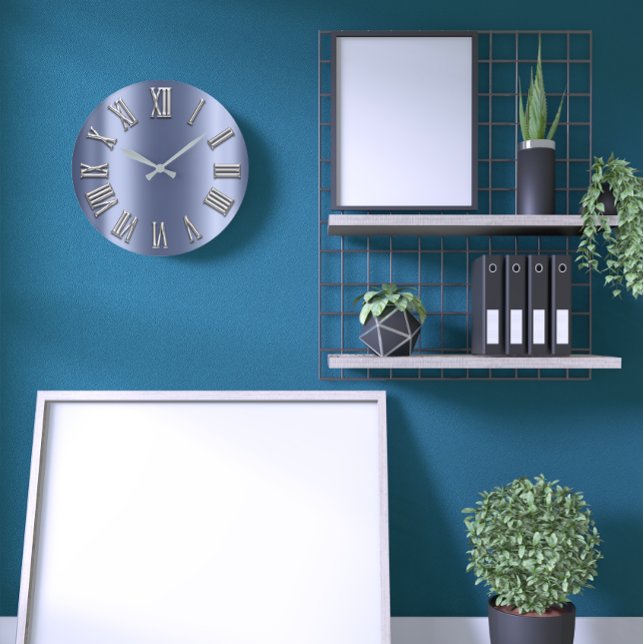 Reloj Redondo Grande Azul Lux Gris Metalizado Gris Plata Número Romano (Blue Lux Gray Metal Grey Silver Roman Number Large Clock)