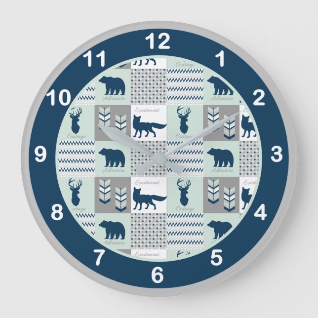 Reloj Redondo Grande Azul marino, animales de bosque verde de leche (Anverso)