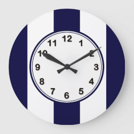 Reloj Redondo Grande Azul Marino y Blanco Patrón de Raya Extra Grande