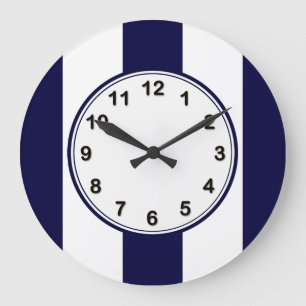 Reloj Redondo Grande Azul Marino y Blanco Patrón de Raya Extra Grande