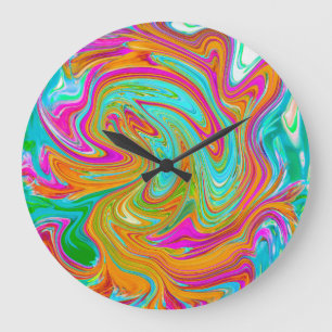 Reloj Redondo Grande Azul, Naranja y Rosa Caliente Groovy Abstracto Ret