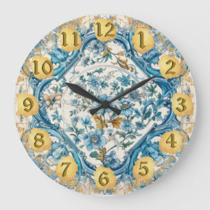 Reloj Redondo Grande Azul Oro blanco Talavera Azulejo apariencia Muro R