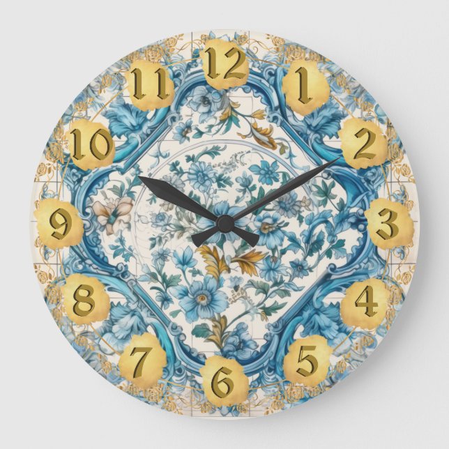 Reloj Redondo Grande Azul Oro blanco Talavera Azulejo apariencia Muro R (Anverso)