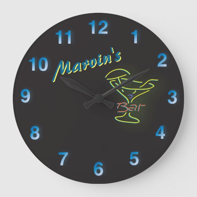 Reloj Redondo Grande Azul oscuro 🍻 🕰 Personalizado de Rótulo Faux Neo (Anverso)
