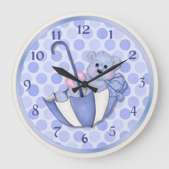 Reloj Redondo Grande Azul oso paraguas - Personalizar (Anverso)