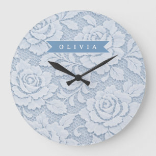 Reloj Redondo Grande Azul Personalizado de Encaje Floral Elegante Román