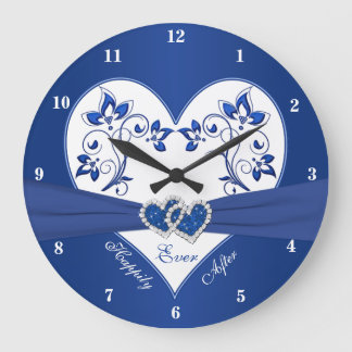 Reloj Redondo Grande Azul Real, Corazón Floral Blanco Feliz Nunca Despu