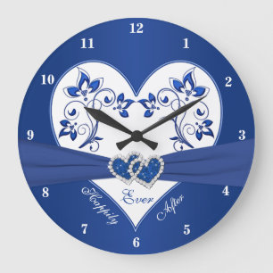 Reloj Redondo Grande Azul real, corazón floral blanco feliz siempre